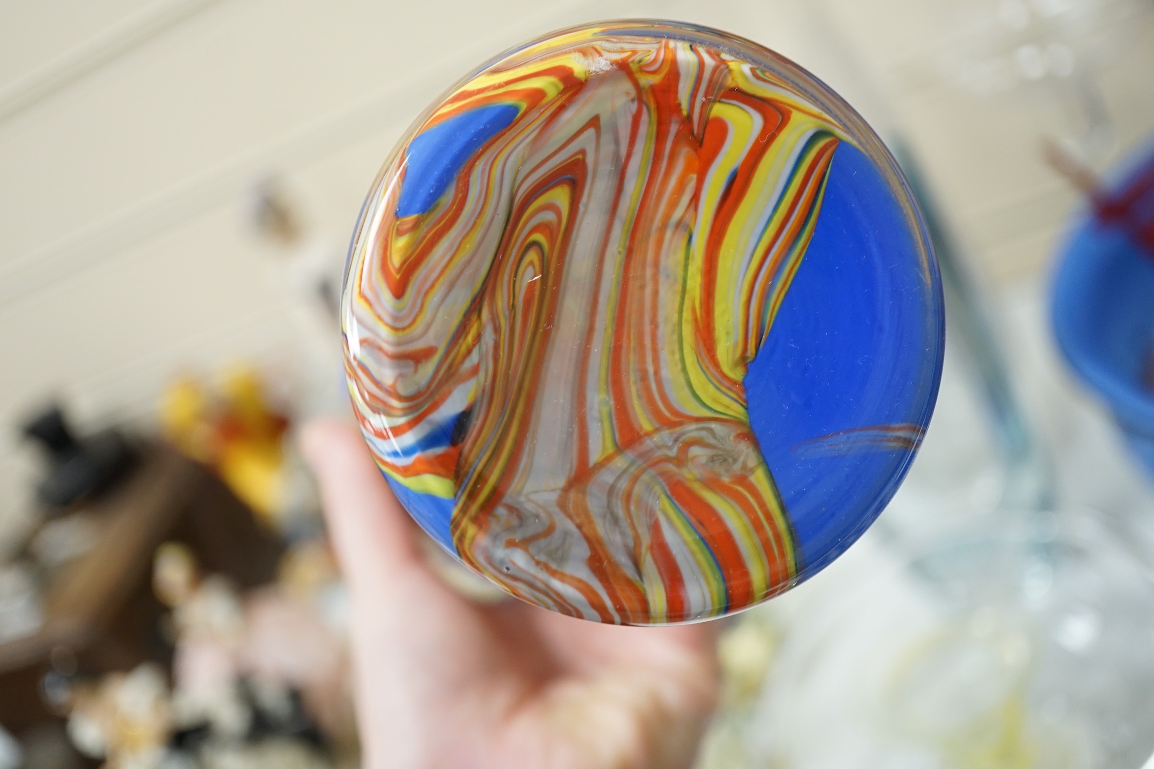 Six porcelain figures, a Murano labelled two handled dish and mixed glassware